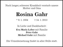 Traueranzeige Rosina Gahr