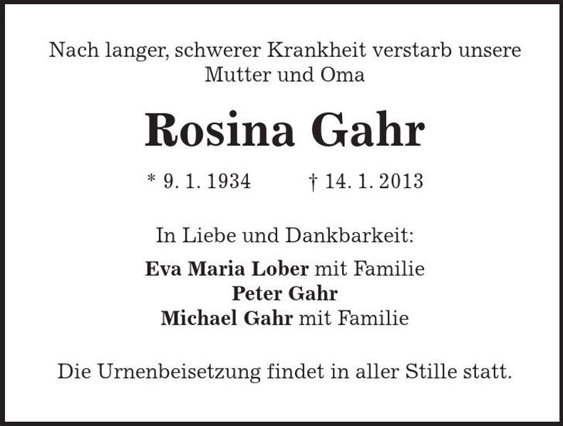 Traueranzeige Rosina Gahr