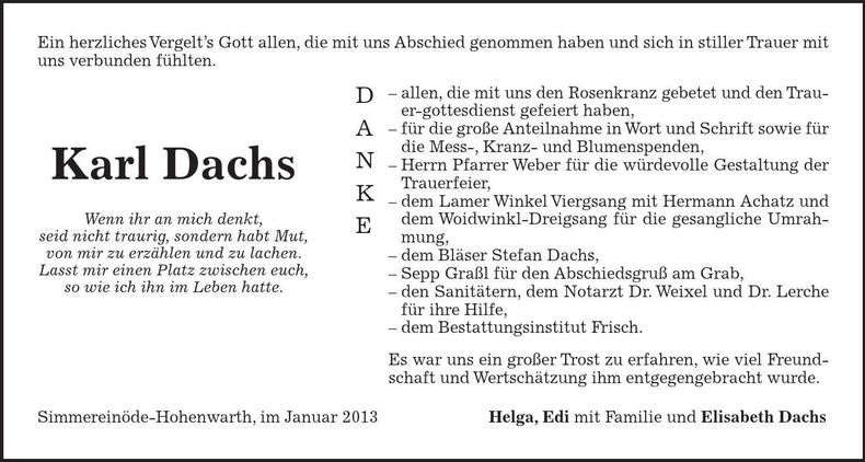 Traueranzeige Karl Dachs