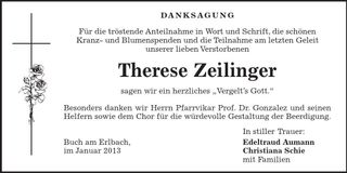 Traueranzeige Therese Zeilinger