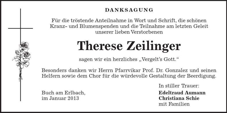 Traueranzeige Therese Zeilinger