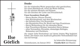 Traueranzeige Ilse Görlich