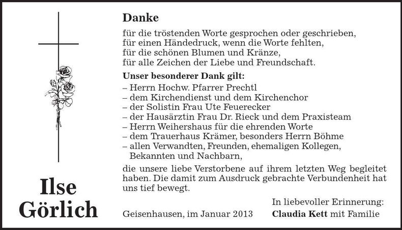 Traueranzeige Ilse Görlich