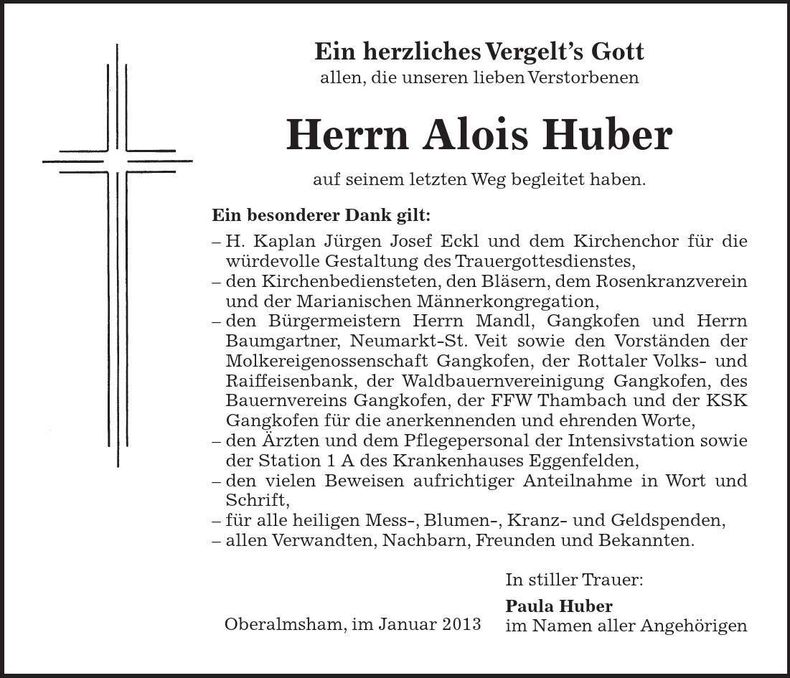 Traueranzeige Alois Huber