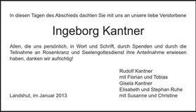 Traueranzeige Ingebort Kantner