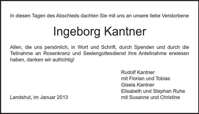 Traueranzeige Ingebort Kantner