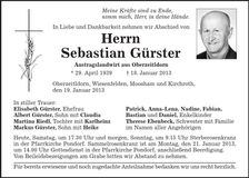 Traueranzeige Sebastian Gürster