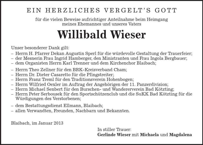 Traueranzeige Willibald Wieser