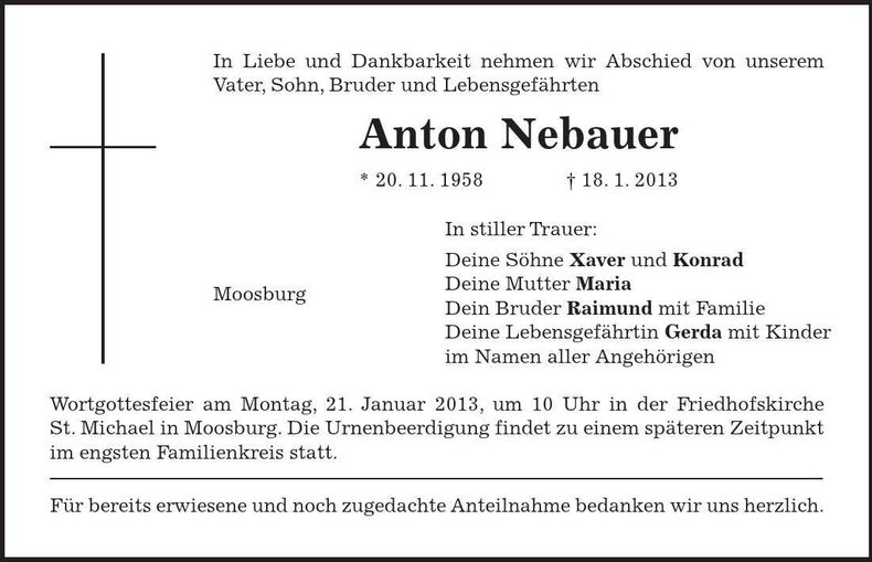 Traueranzeige Anton Nebauer