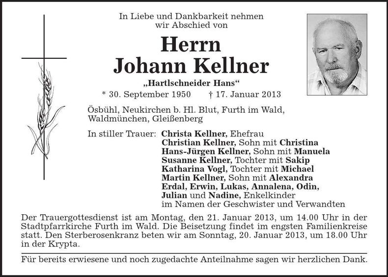 Traueranzeige Johann Kellner