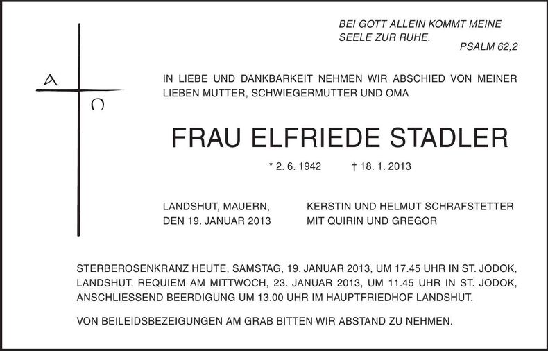 Traueranzeige Elfriede Stadler