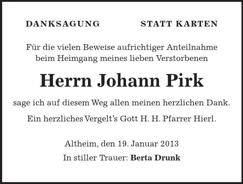 Traueranzeige Johann Pirk