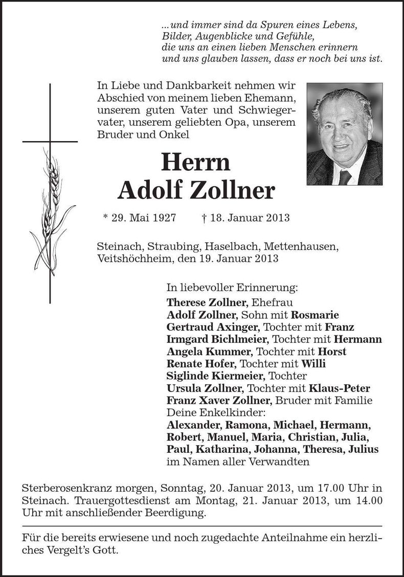 Traueranzeige Adolf Zollner