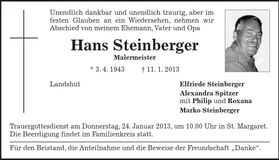 Traueranzeige Hans Steinberger