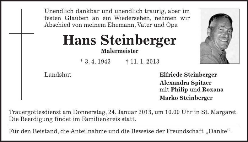 Traueranzeige Hans Steinberger