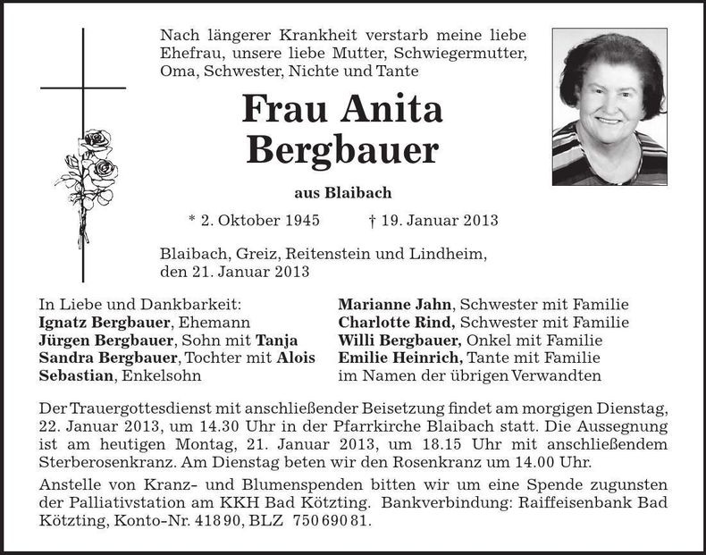Traueranzeige Anita Bergbauer