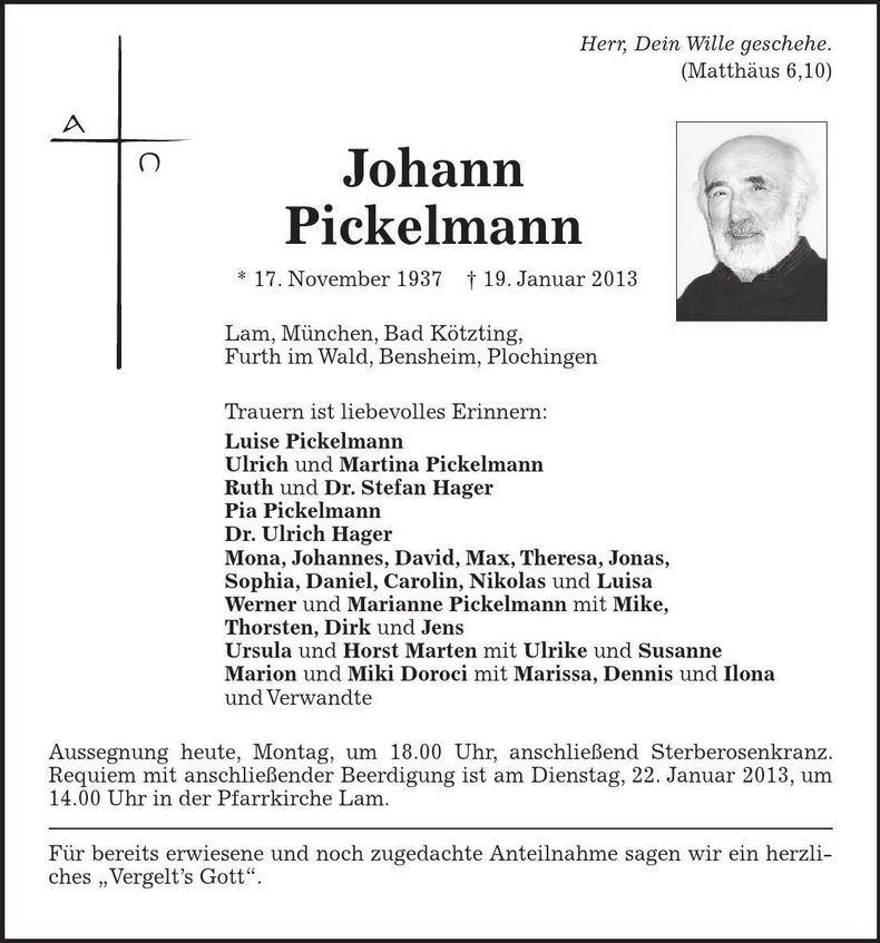 Traueranzeige Johann Pickelmann