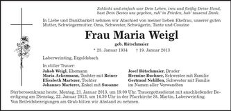 Traueranzeige Maria Weigl