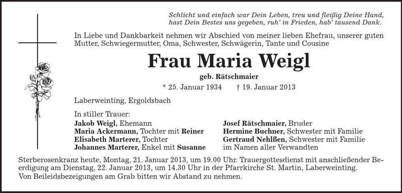 Traueranzeige Maria Weigl