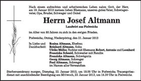 Traueranzeige Josef Altmann