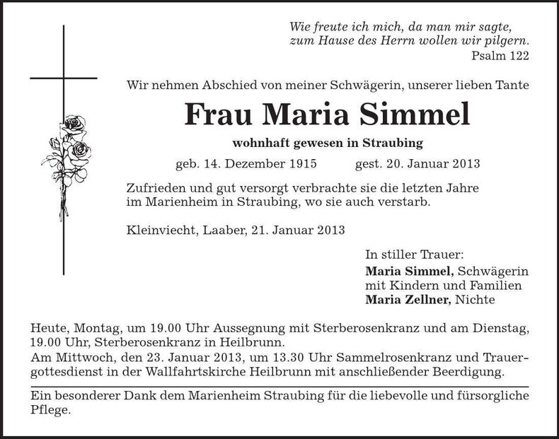 Traueranzeige Maria Simmel