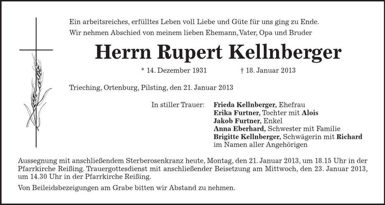 Traueranzeige Rupert Kellnberger