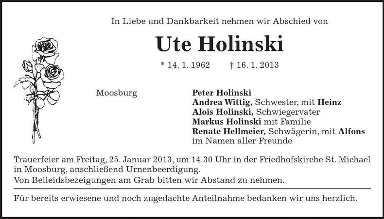 Traueranzeige Ute Holinski