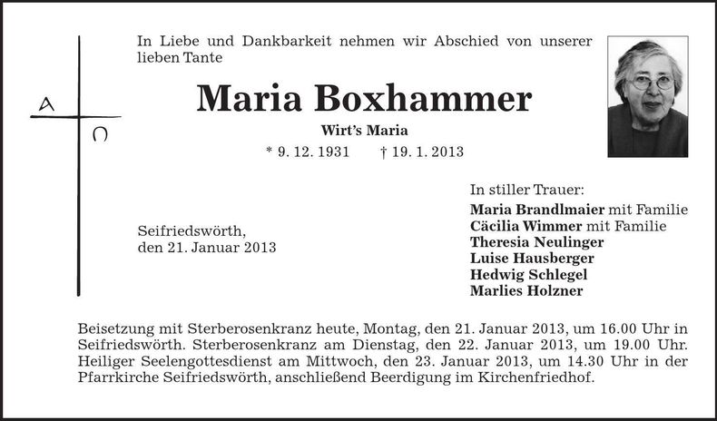 Traueranzeige Maria Boxhammer