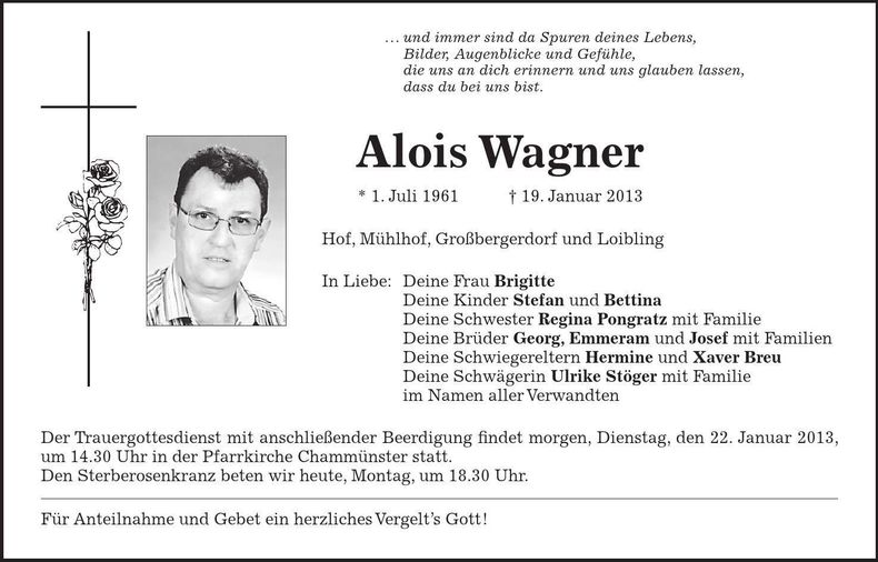 Traueranzeige Alois Wagner