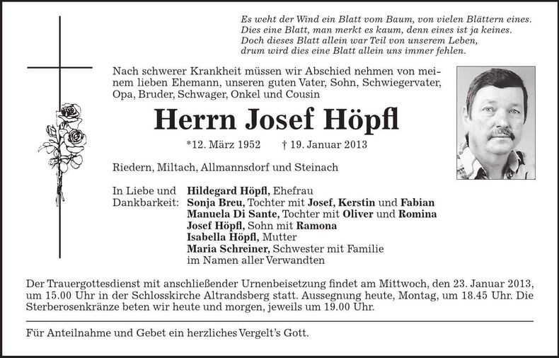 Traueranzeige Josef Höpfl