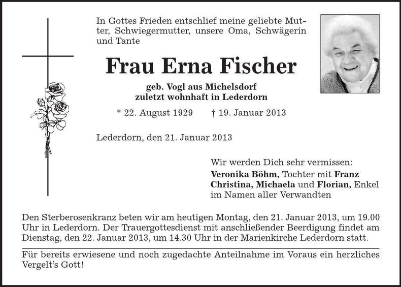 Traueranzeige Erna Fischer