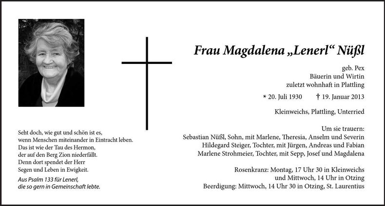 Traueranzeige Magdalena Nüßl