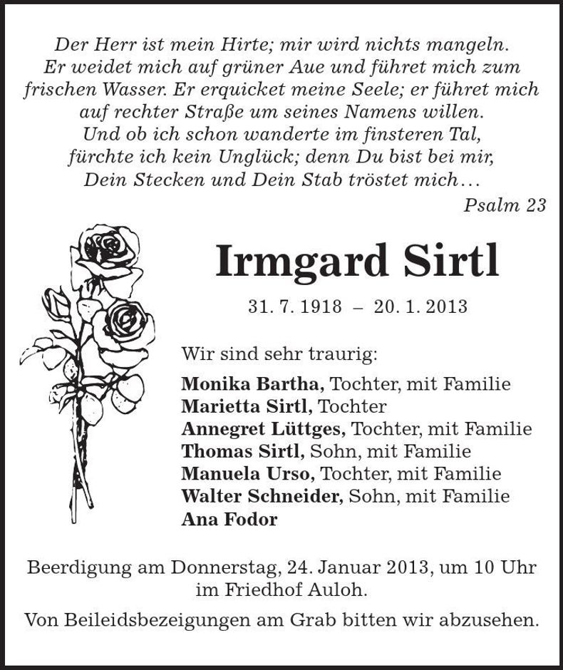 Traueranzeige Irmgard Sirtl