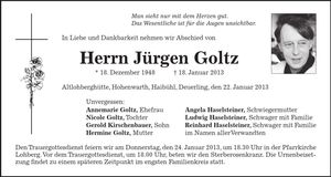 Traueranzeige Jürgen Goltz