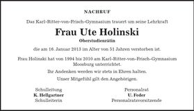 Traueranzeige Ute Holinski