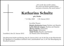 Traueranzeige Katharina Schultz