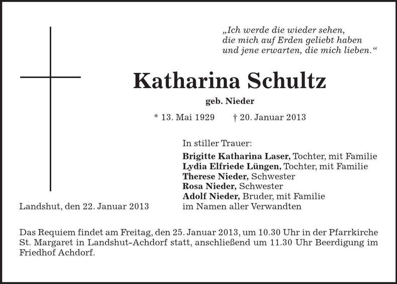 Traueranzeige Katharina Schultz