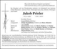 Traueranzeige Jakob Prieler