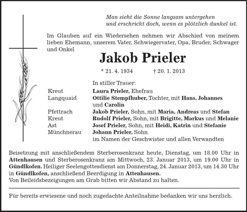 Traueranzeige Jakob Prieler