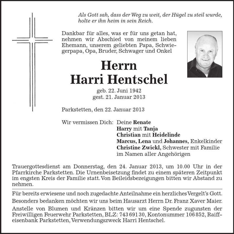 Traueranzeige Harri Hentschel