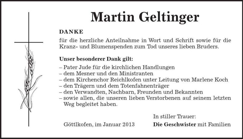 Traueranzeige Martin Geltinger