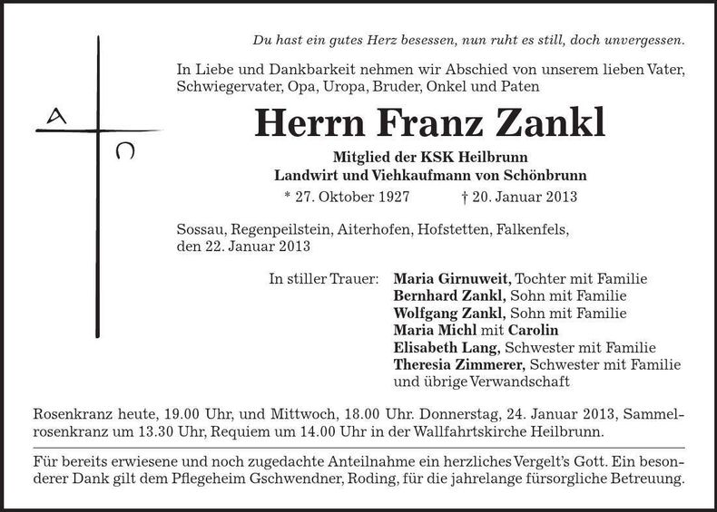 Traueranzeige Franz Zankl