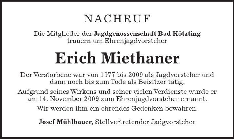 Traueranzeige Erich Miethaner