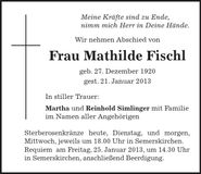 Traueranzeige Mathilde Fischl