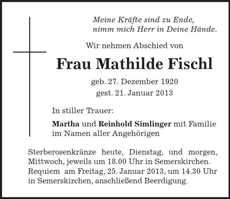 Traueranzeige Mathilde Fischl