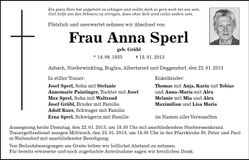 Traueranzeige Anna Sperl