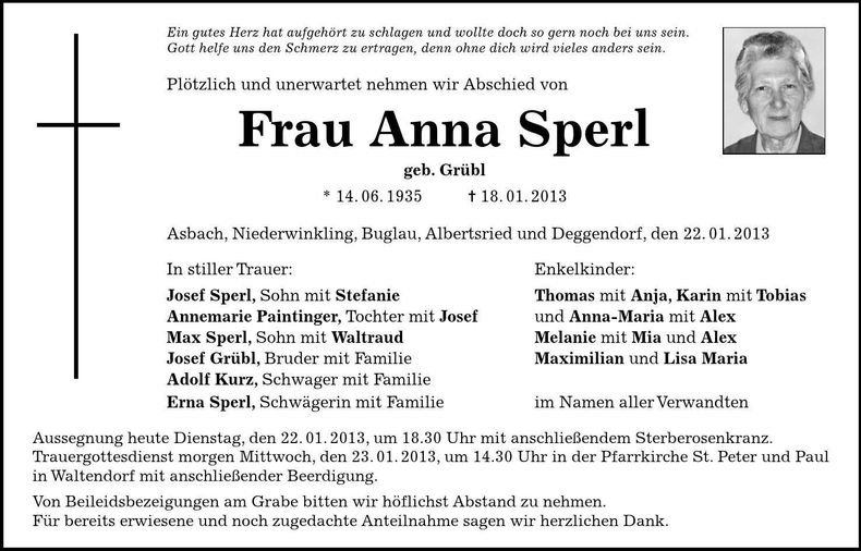 Traueranzeige Anna Sperl
