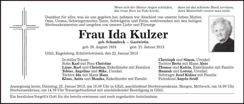 Traueranzeige Ida Kulzer