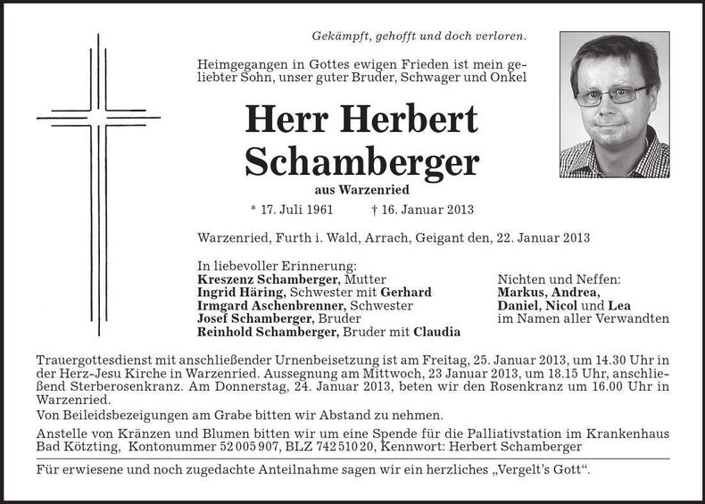 Traueranzeige Herbert Schamberger
