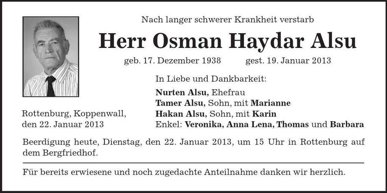Traueranzeige Osman Haydar Alsu